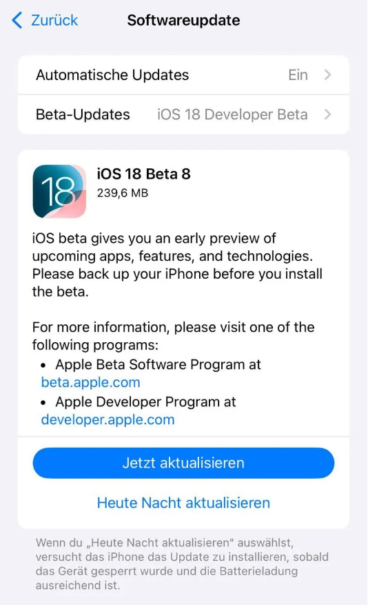 治多苹果手机维修分享苹果 iOS / iPadOS 18 开发者预览版 Beta 8 发布 